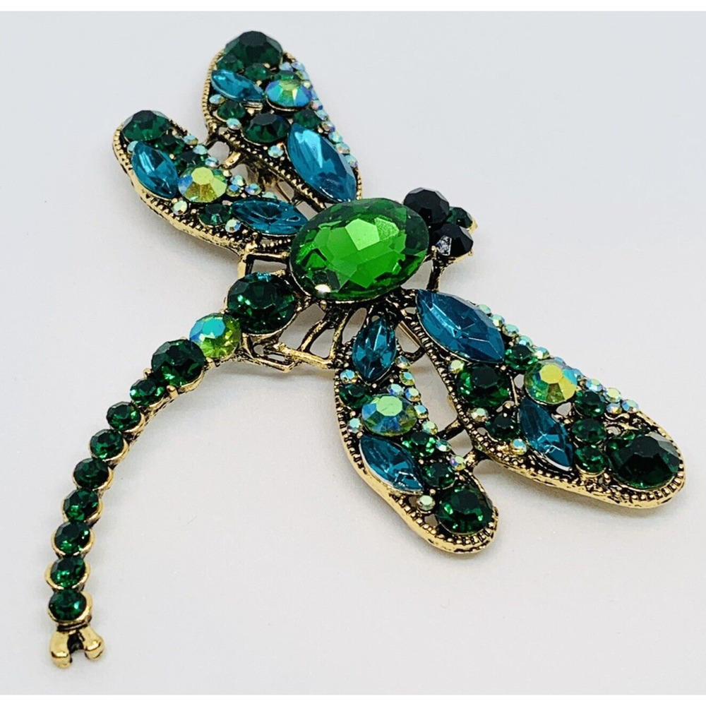 Dragonfly Brooch Pin Colorful Green Crystal Rhinestone Jewelry Birthday Mom Glam